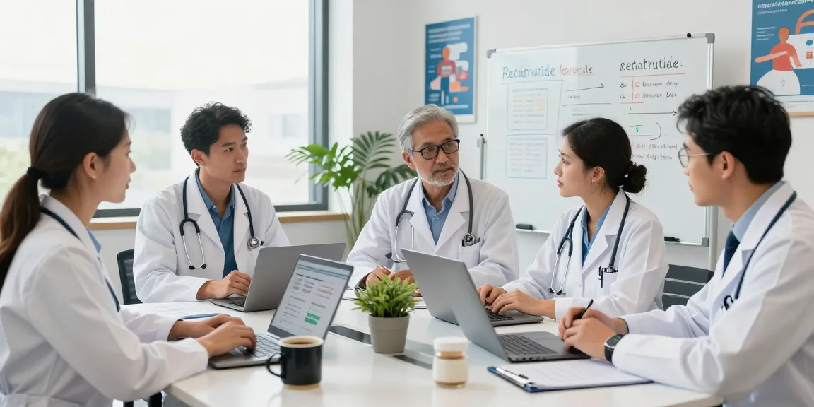 Healthcare professionals collaborating on top retatrutide suppliers in a modern office.