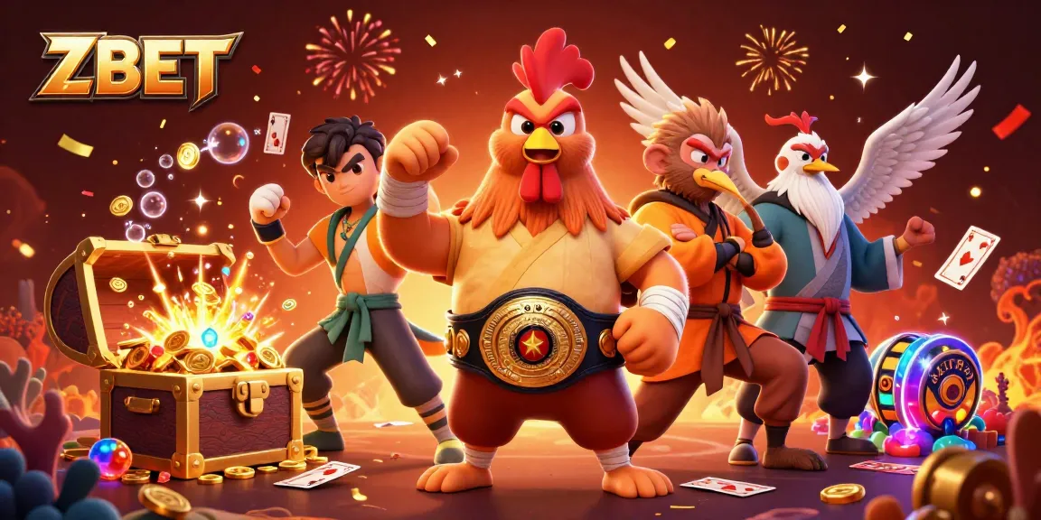 ZBET players win in a vibrant 3D scene with casino elements and energetic characters.
