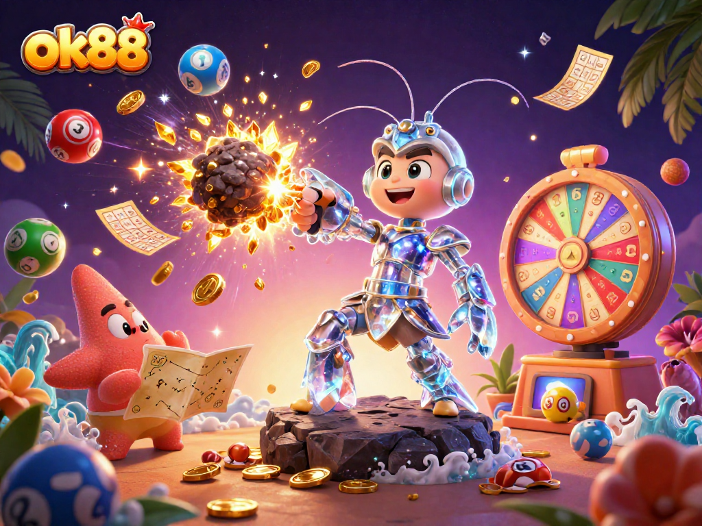 Experience the thrill of ok88 gaming with a vibrant depiction of galactic adventures, coins, and lottery draws.