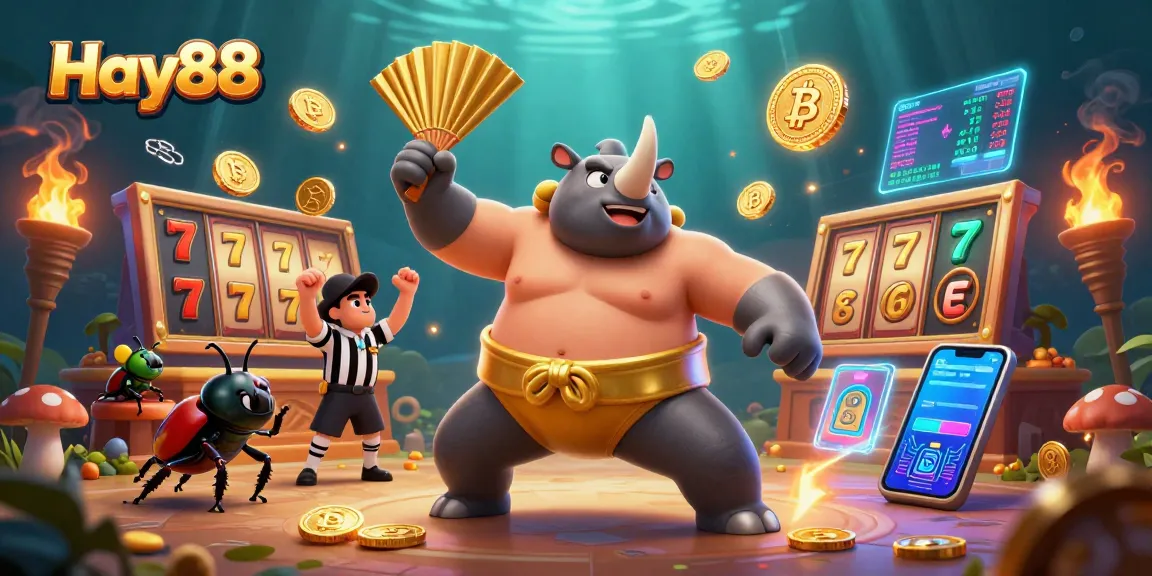 Experience the thrilling Hay88 casino with a dramatic beetle sumo champion surrounded by vibrant slot elements and crypto coins.