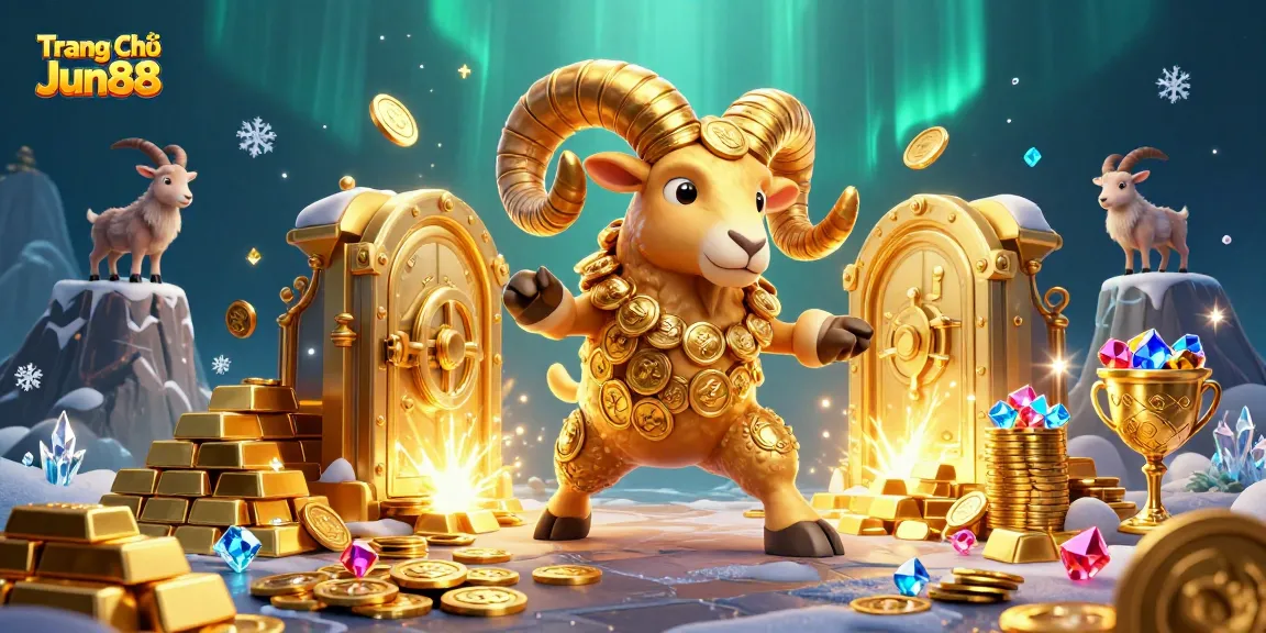 Engage with the thrill of Trang Chủ Jun88 as the golden ram charges through a treasure vault scene, inviting bettors to explore.