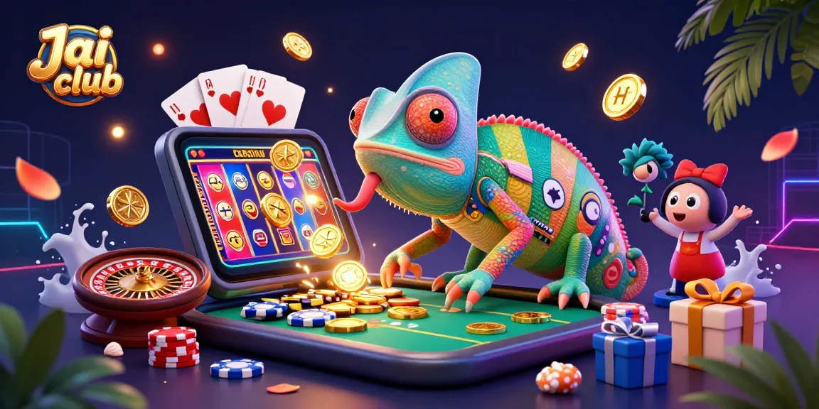 Join the action at Jai club with a colorful casino scene featuring slots, cards, and a unique chameleon owner.
