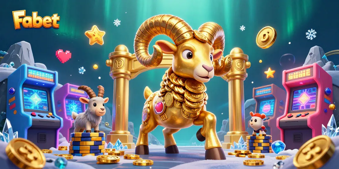 Fabet showcases a powerful golden ram charging through a vibrant casino arcade scene.