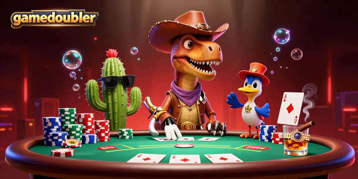 Gamedoubler players strategizing at a vibrant poker table with a T-Rex and friends.