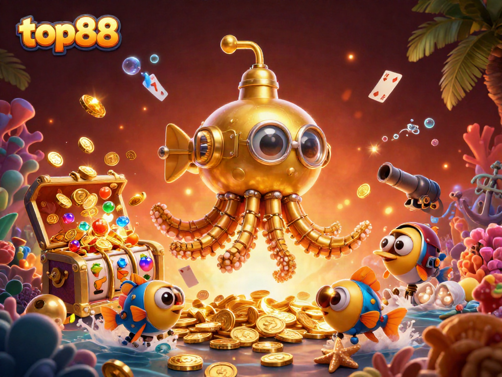 Spin to win at top88 with a vibrant underwater treasure scene filled with animated casino elements.