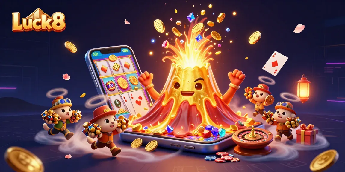 Experience thrilling wins at Luck8 with a dynamic illustration of a triumphant golden volcano erupting treasures.