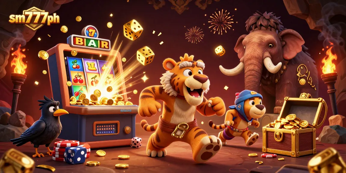 Play thrilling casino games at sm777ph with a vibrant 3D prehistoric scene featuring a casino and exciting slot machines.