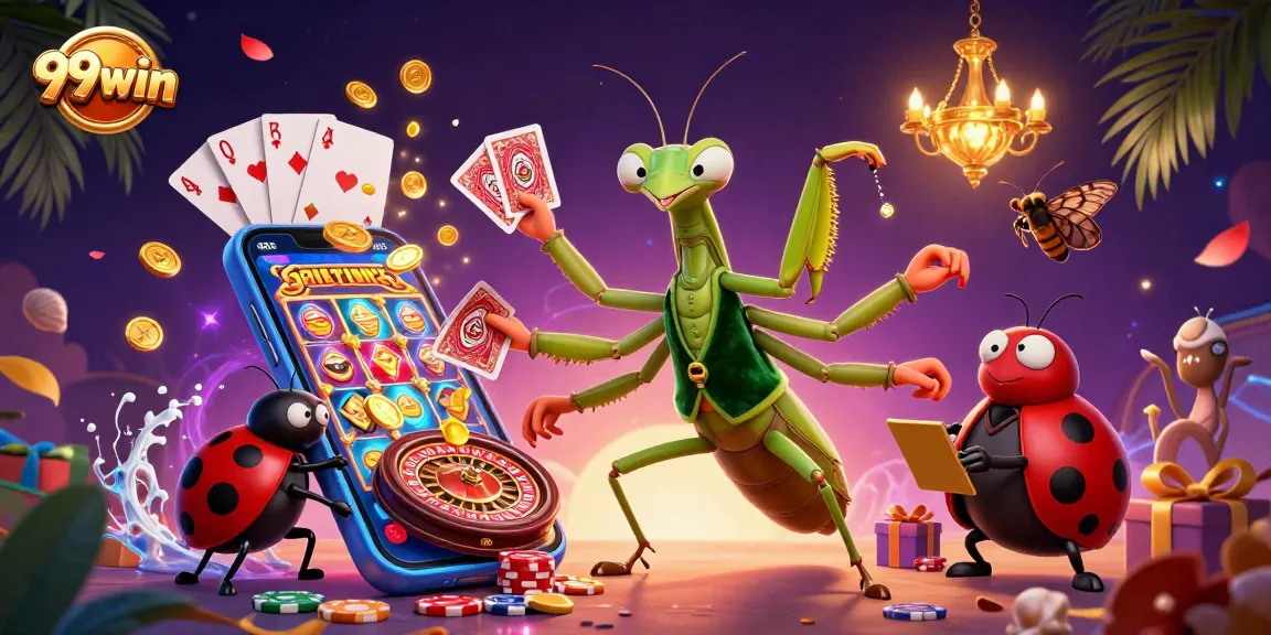 Win big at 99win with this vibrant casino scene featuring an energetic mantis card sharp.