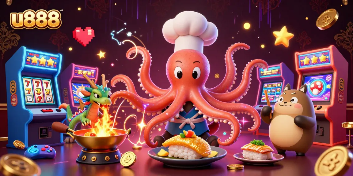 Engage with exciting u888 gaming action featuring a vibrant illustration of casino fun with an octopus and dragon.