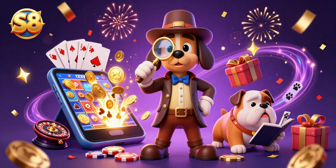 S8 features a cartoon detective revealing a poker chip clue amid slot games and casino lights.