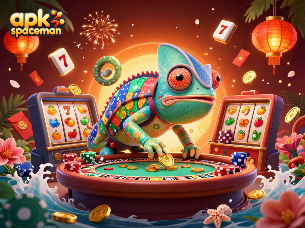 Play and win with apk spaceman in this vibrant casino scene featuring animated chameleon and dynamic elements.