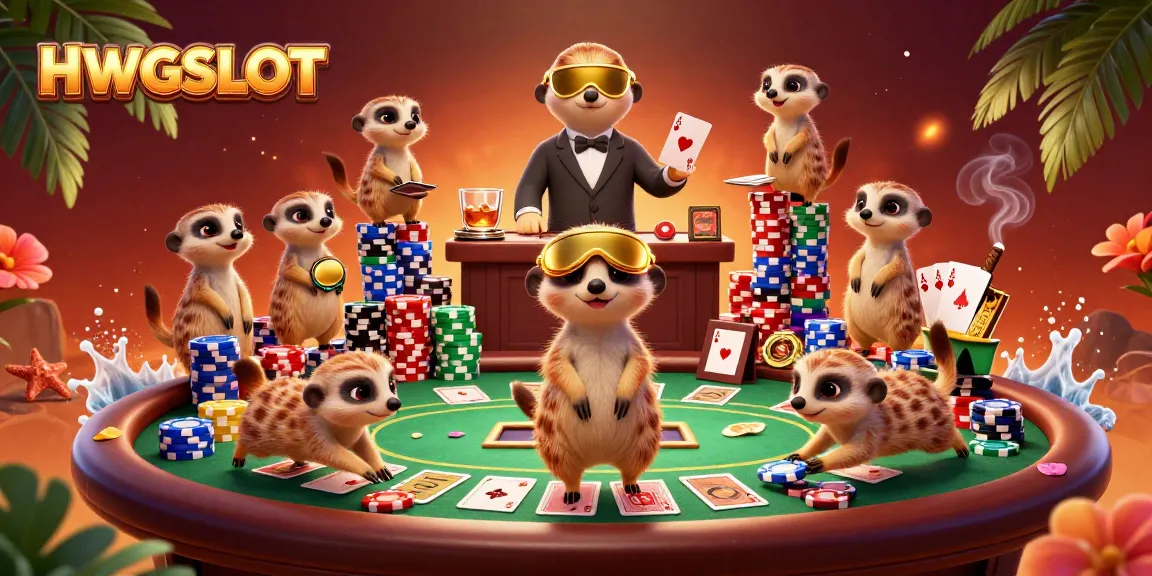 Experience the excitement of HWGSLOT with meerkats managing a lively casino atmosphere.