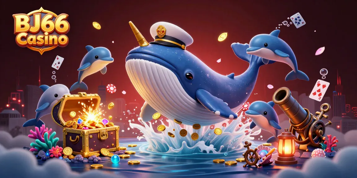 Khám phá BJ66 Casino với một chú cá voi khổng lồ và bạn đồng hành narwhal giữa những đồng tiền vàng.