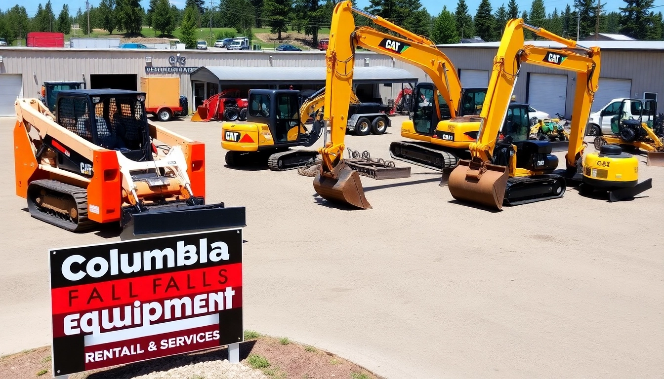 Columbia falls equipment rental showing a wide variety of construction machinery in a bright rental yard