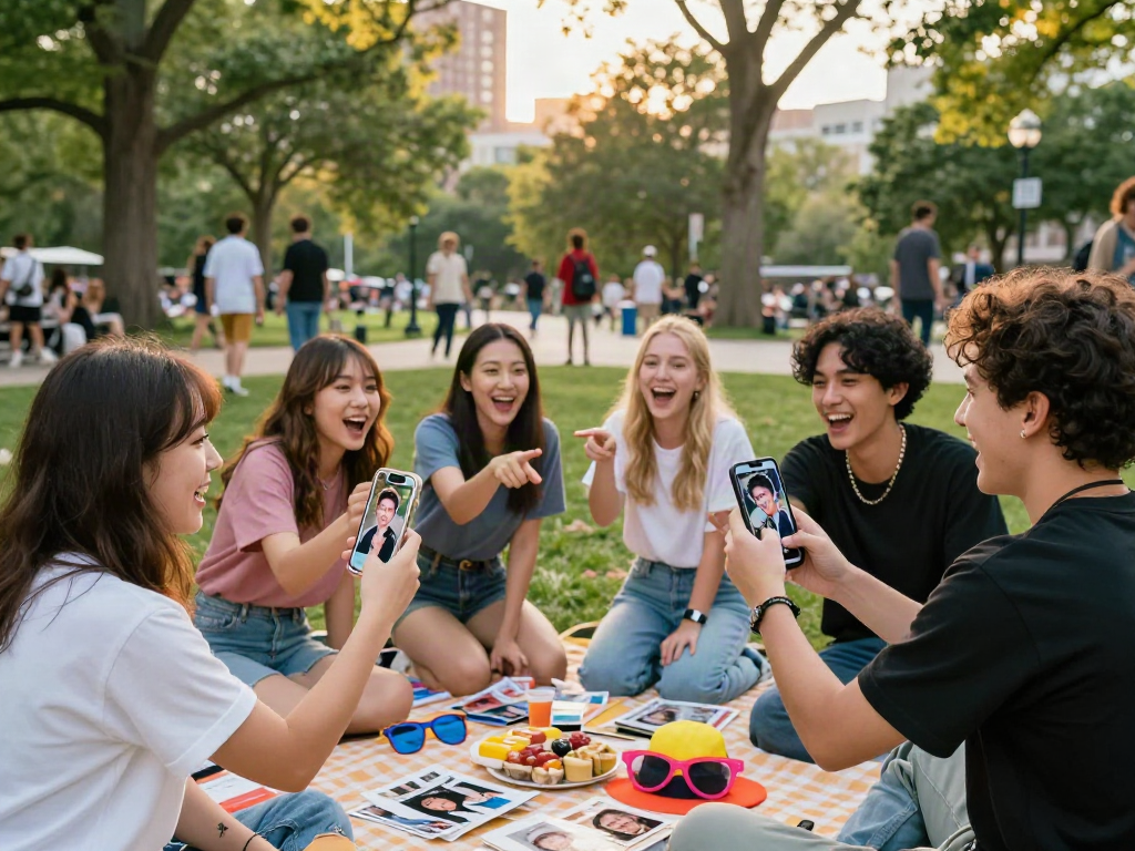 Group enjoying a fun game of matching look alikes of famous people in an urban park
