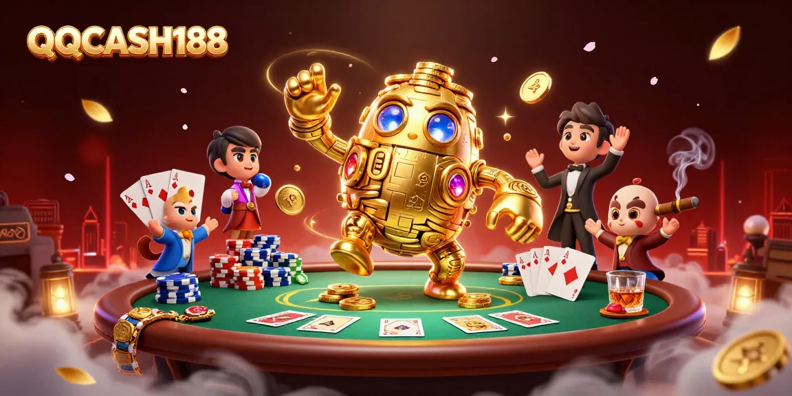 Engage with QQCASH188 as the golden golem, poker elements, and vibrant casino atmosphere collide.