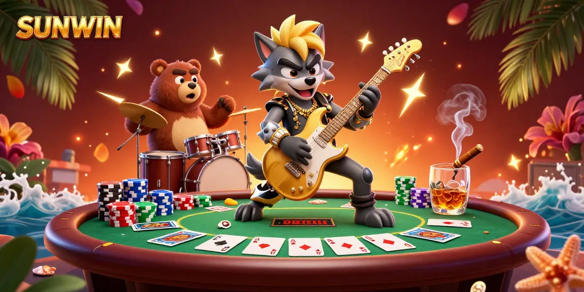SUNWIN showcases an electrifying casino scene with a rock star wolf and drummer bear, surrounded by poker elements.