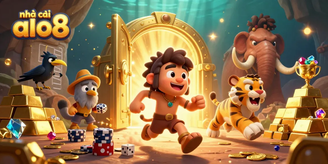 Caveman duo at nhà cái alo8 engaging in a lively prehistoric casino scene with stone chips and treasure.