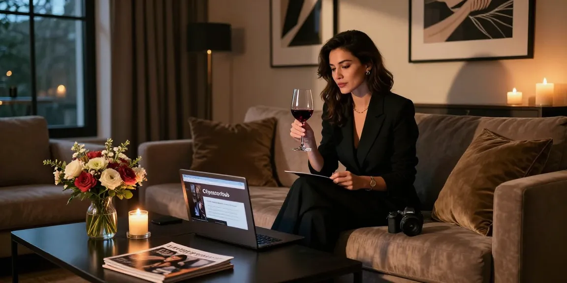 Relaxed woman browsing Cityescorthub website on laptop in elegant lounge with red wine.