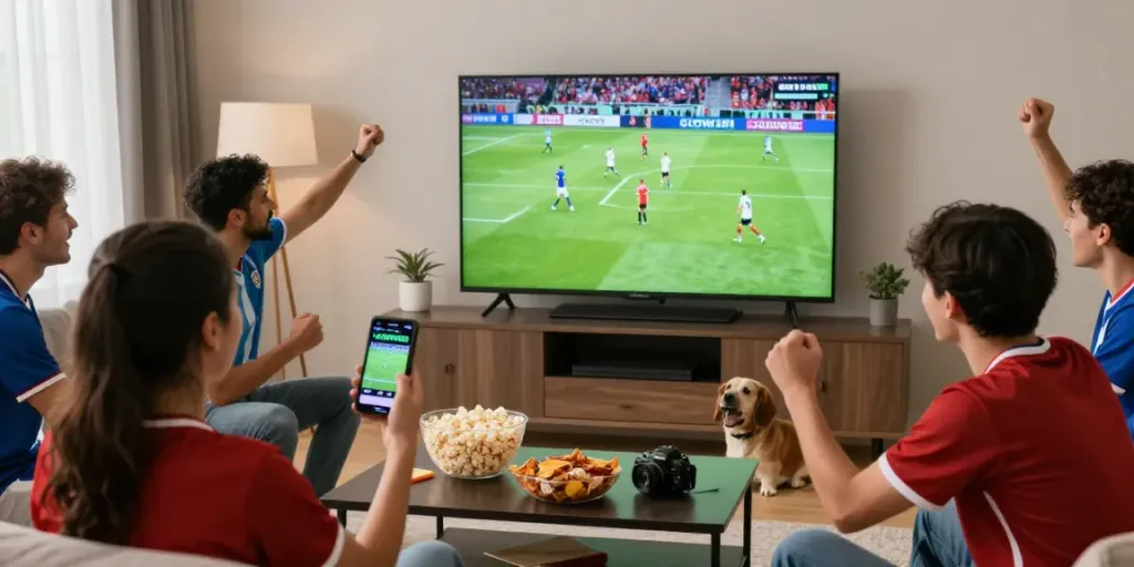 Menonton pertandingan olahraga dengan GLOWING88 di ruang tamu yang hangat dan nyaman.