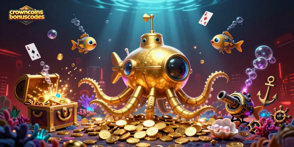 Win with crowncoinsbonuscodes in an immersive 3D submarine adventure through gold coins and treasures.