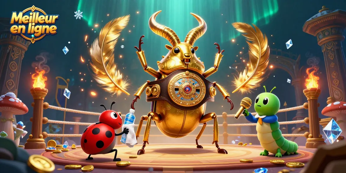 Engage with the Meilleur casino en ligne through this dynamic scene featuring a golden stag beetle champion in a vibrant casino setting.