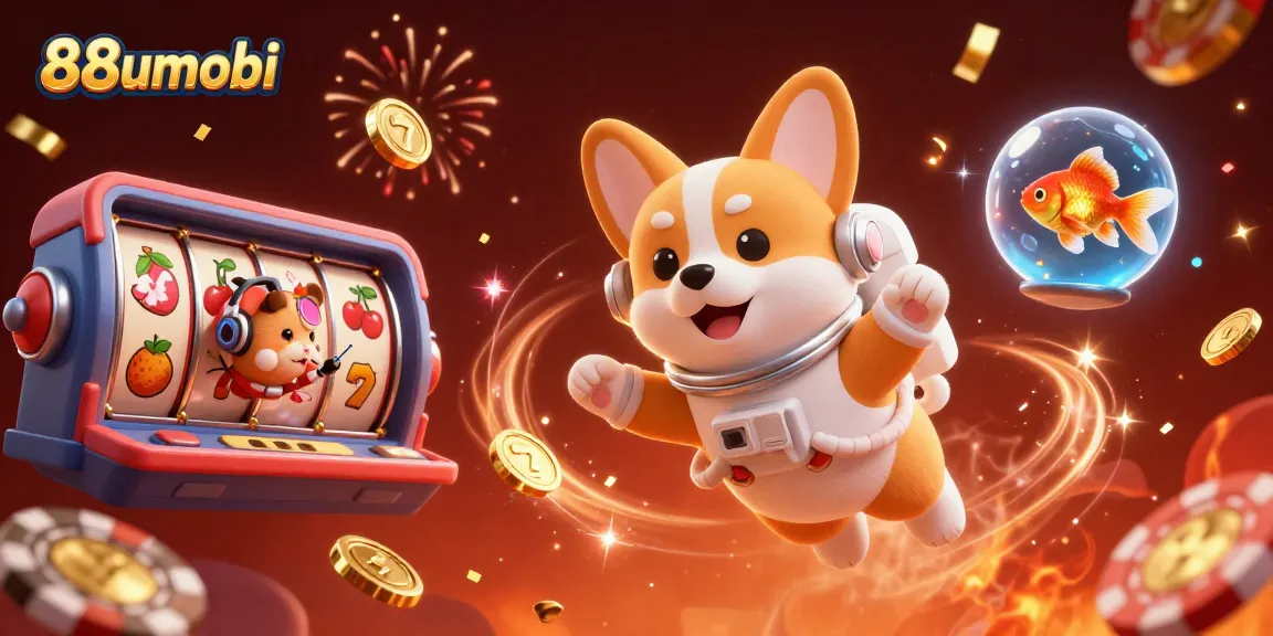 Engage with thrilling casino action featuring 88uumobi's astronaut corgi, slot reels, and festive elements.