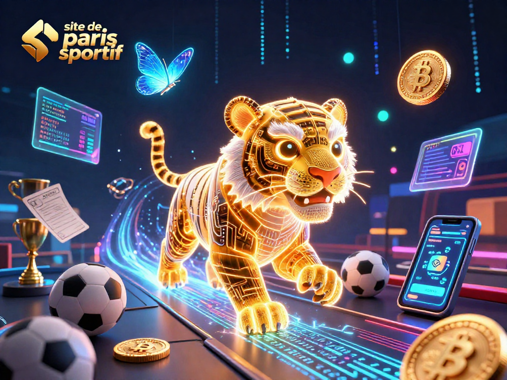 Pariez sur le site de paris sportif avec un tigre doré et des éléments numériques dynamiques.