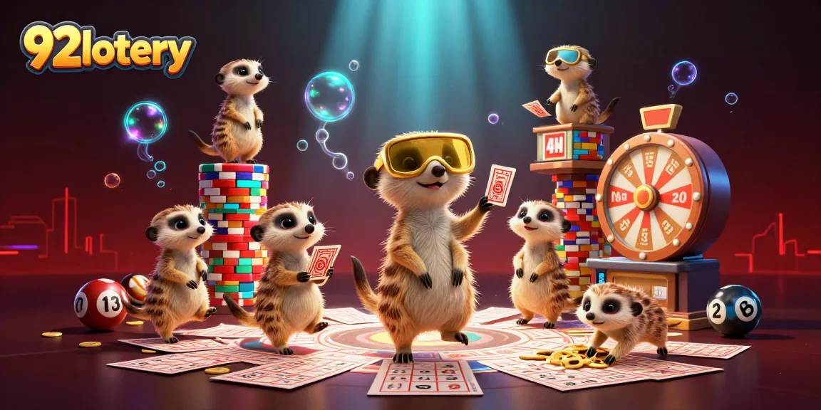 Engage with the excitement of the 92lottery in a vibrant meerkat casino scene filled with numbered balls and prize wheels.
