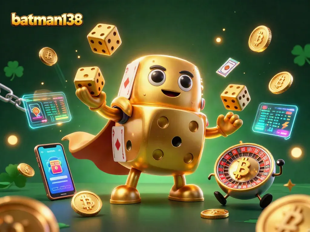 Engage with batman138's vibrant casino world, featuring golden dice and cryptocurrencies in an immersive 3D scene.