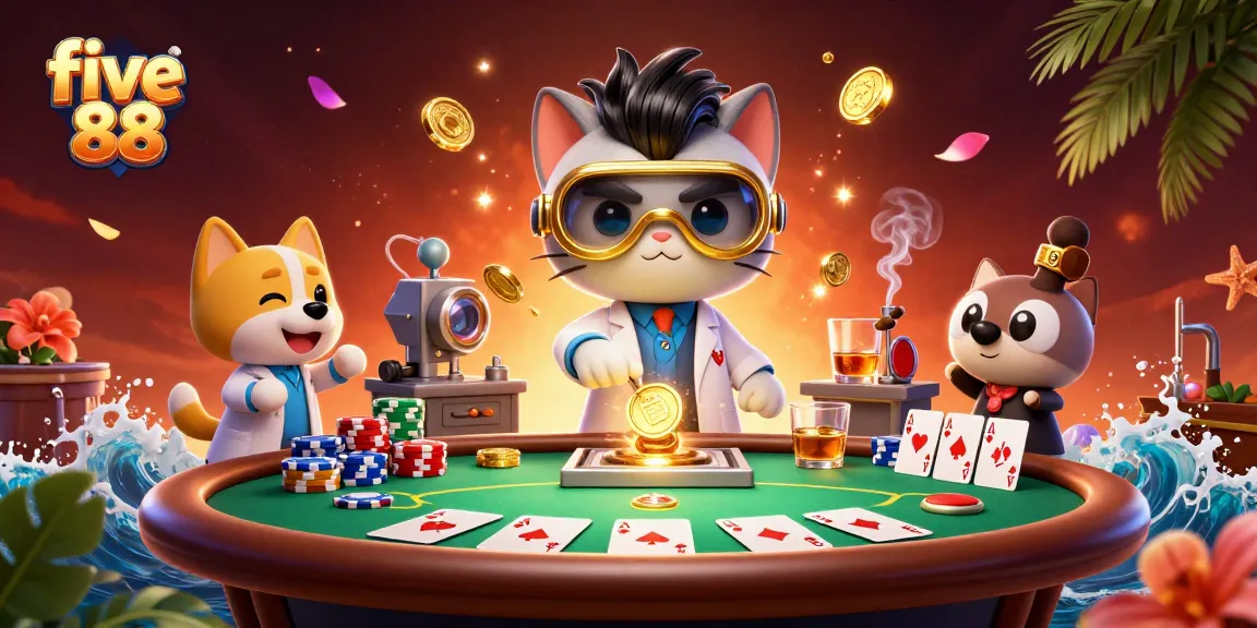 Experience five 88 with an engaging scene where a mad scientist cat creates gold coins amid poker chaos.