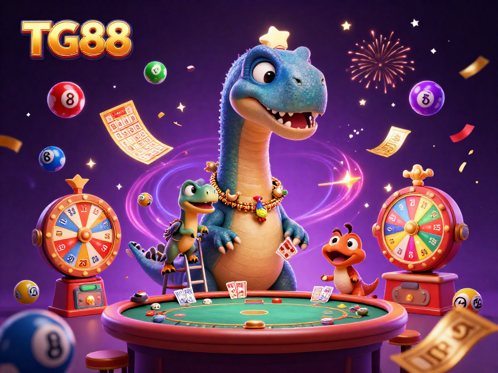 Experience the thrill of winning at TG88 with vibrant 3D casino elements featuring a brontosaurus and a clever raptor.