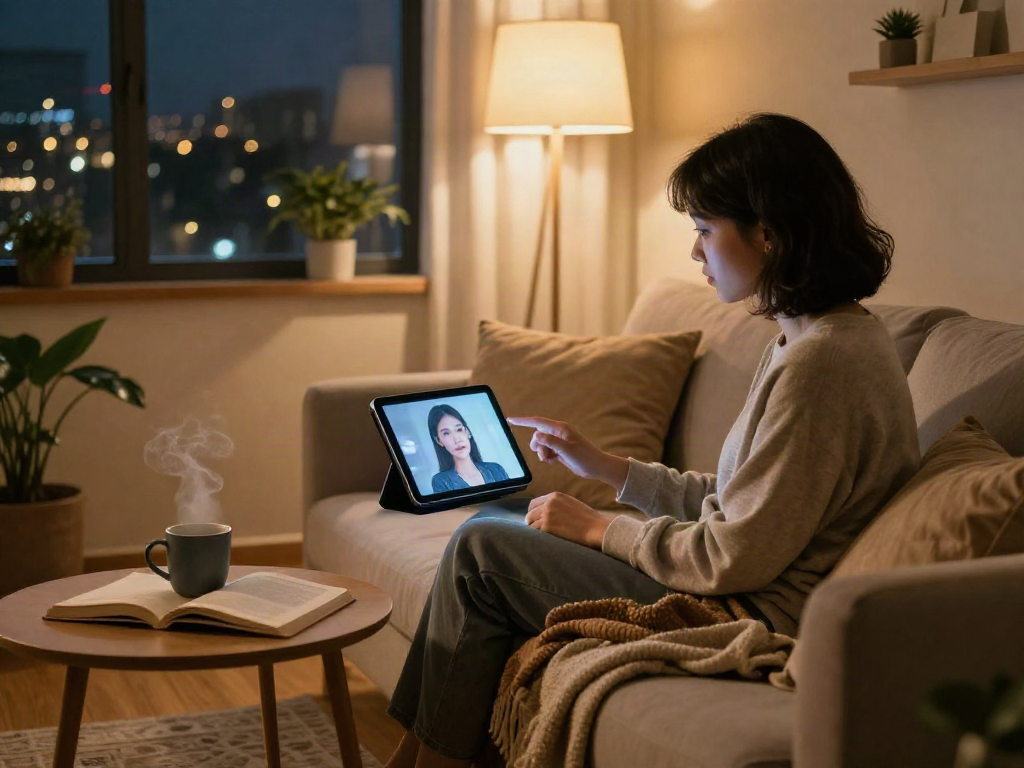 Person interacting with girlfriend AI device in cozy living room.