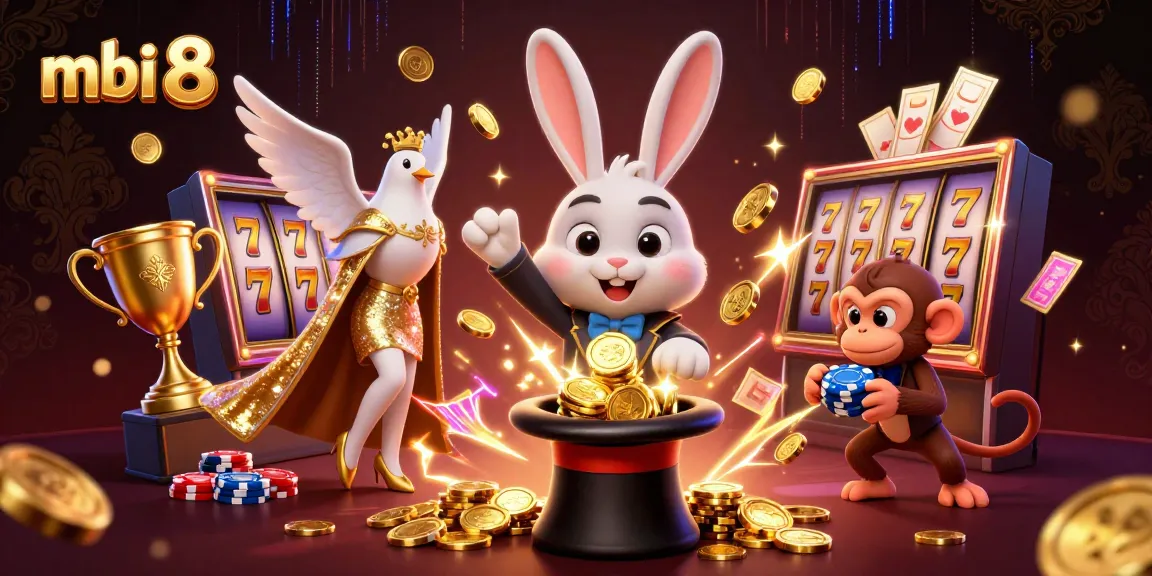 Experience mbi 8 excitement with a magician rabbit, dove, and monkey celebrating casino wins.
