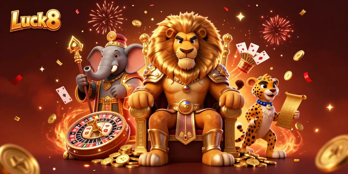 Experience the excitement of Luck8 Casino with vibrant slots, a royal lion king, and festive elements.