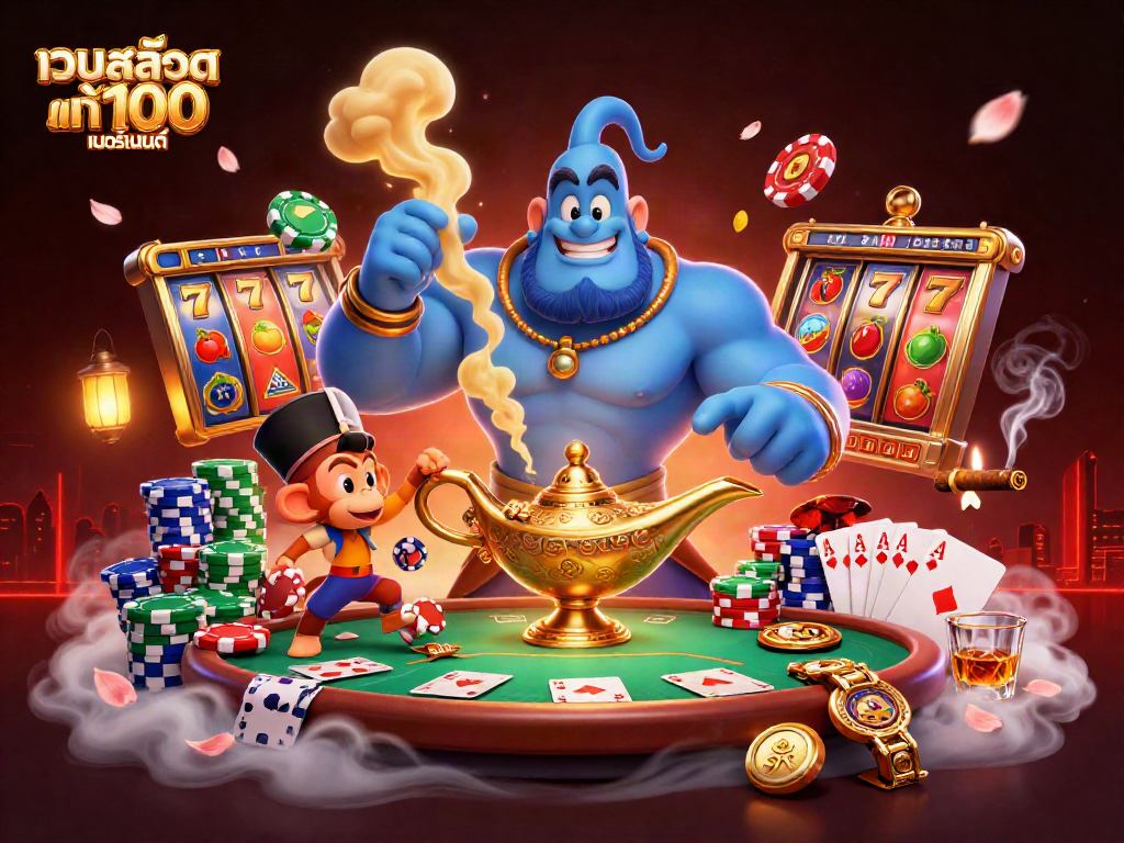 Engage with เว็บสล็อต แท้ 100 เปอร์เซ็นต์ through a vibrant 3D casino scene filled with excitement.