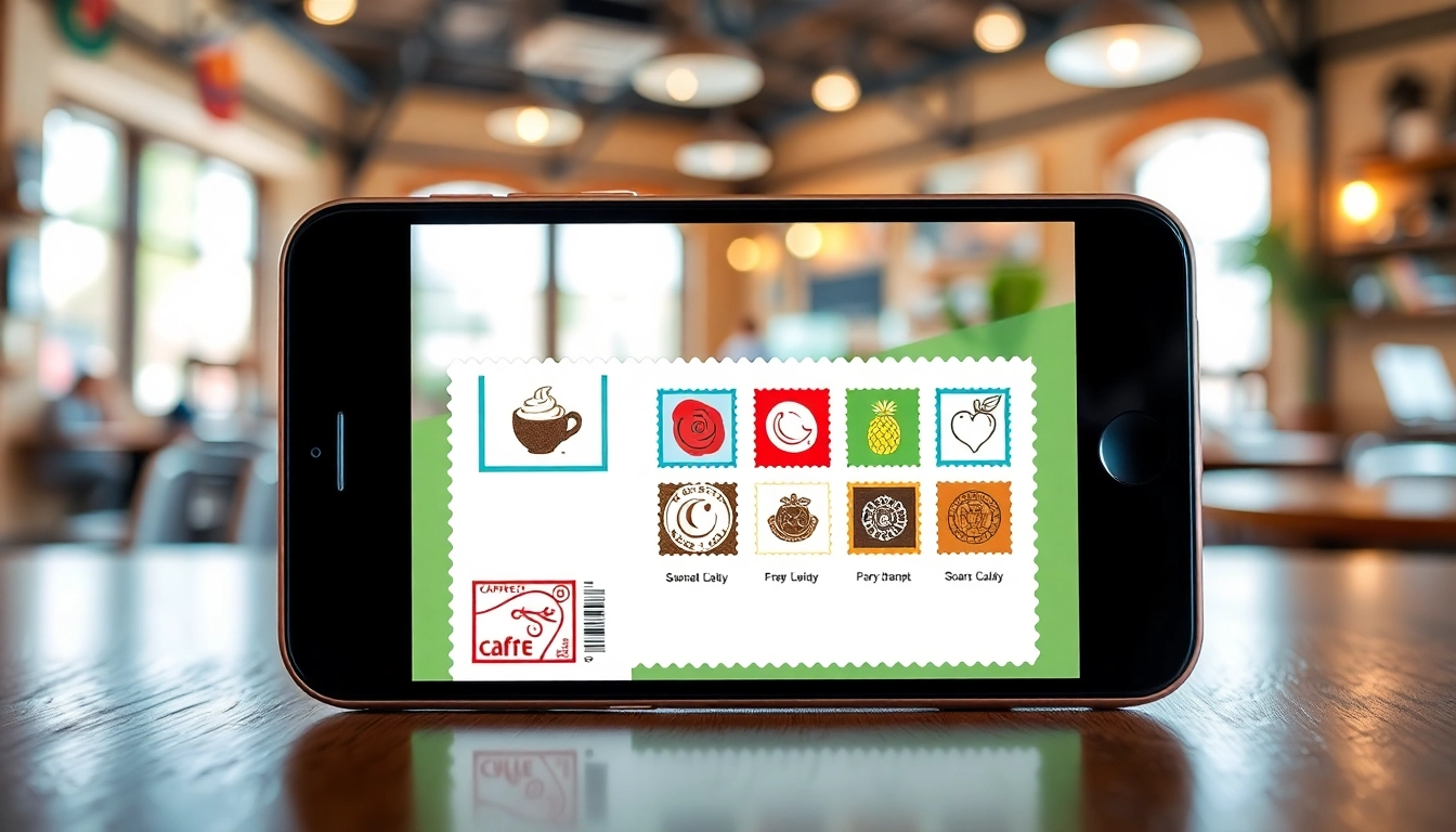 Create digital stamp cards using a smartphone app interface featuring vibrant customizable stamps.