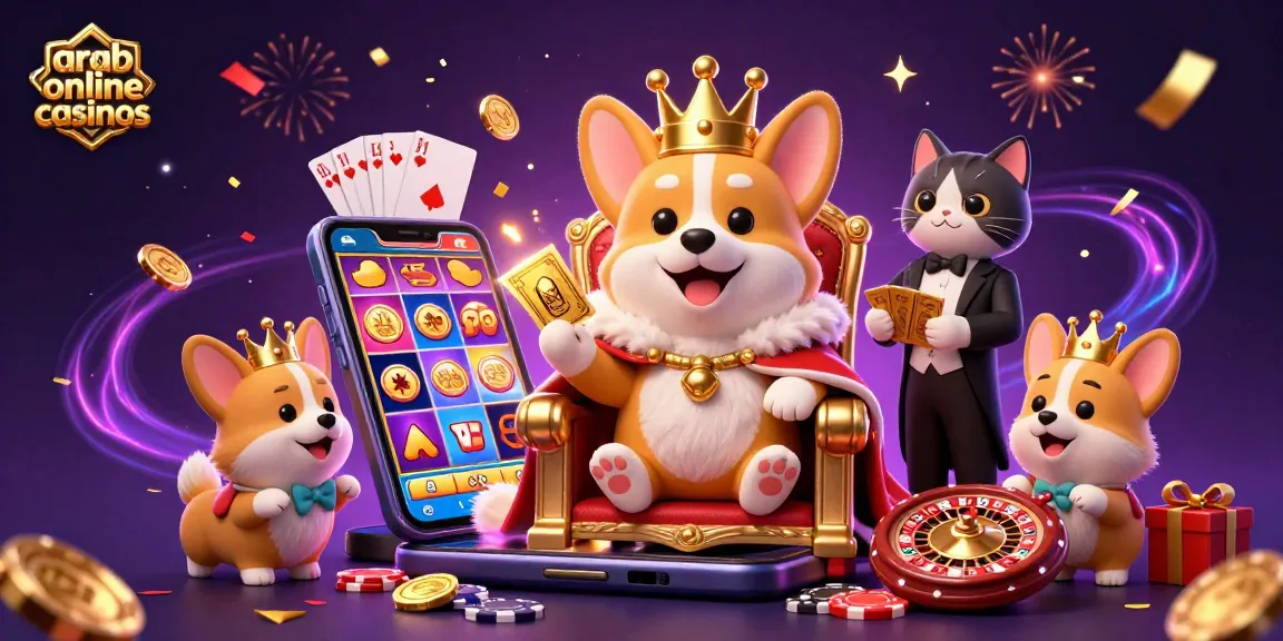 Engaging scene with a royal corgi and cat butler presenting a golden deck, celebrating arab online casinos.