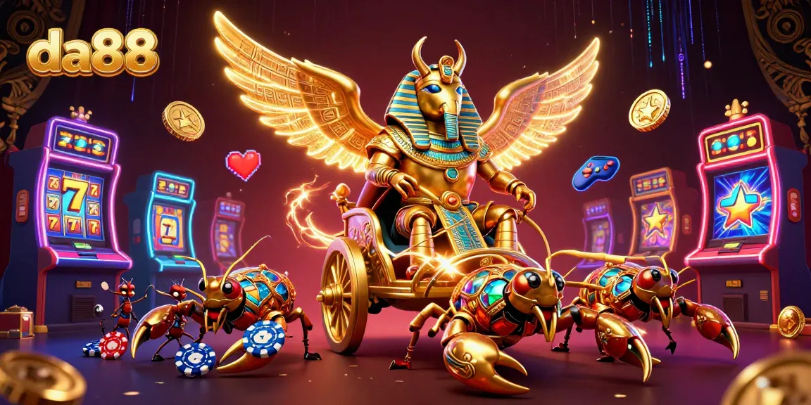 Engage with da88's thrilling world of slots, highlighted by a dazzling golden beetle and scorpions.
