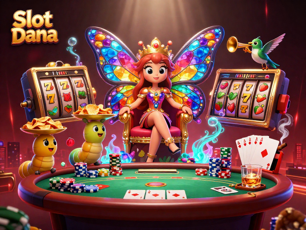 Slot Dana memperlihatkan ratu kupu-kupu 3D di atas takhta bunga, dikelilingi elemen kasino yang mencolok.