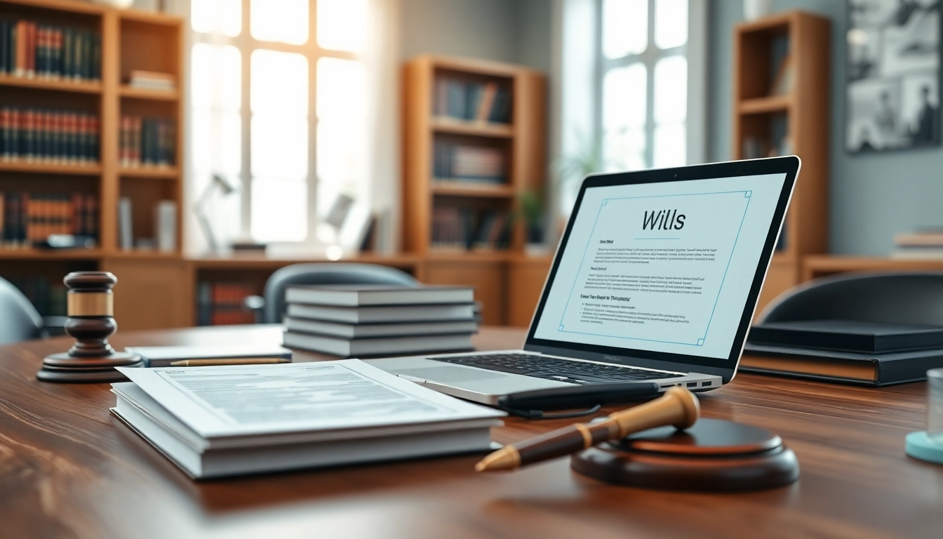 Creating Wills in a professional legal consultation setting with documents and a laptop.