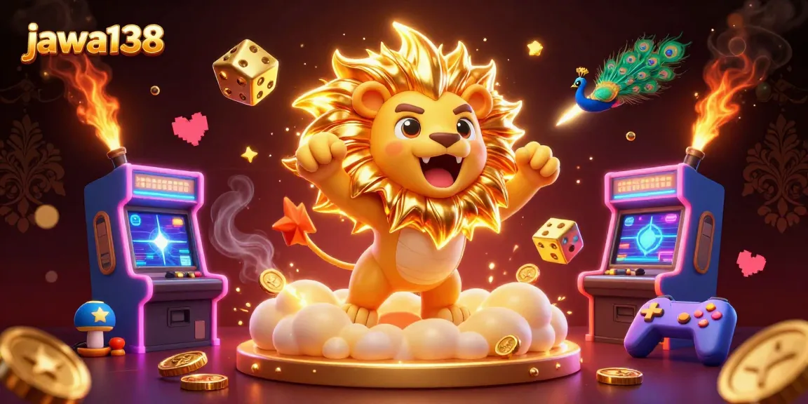 Experience the thrilling essence of jawa138 with a vibrant 3D casino scene showcasing a sun lion and golden dice.
