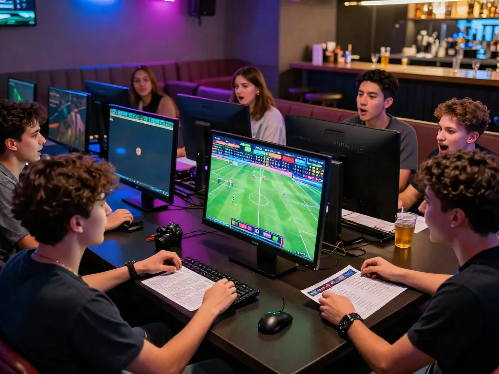 WWBOLA gaming lounge with young adults engaging in sports betting during live soccer matches.