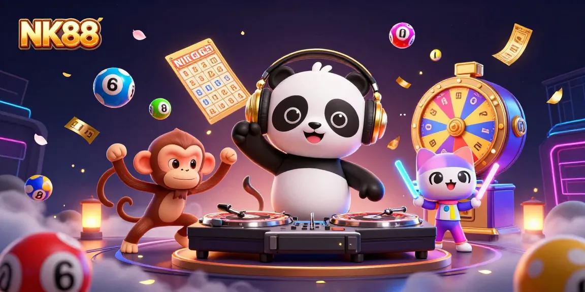 Engage with NK88’s vibrant gaming scene featuring a DJ panda and dynamic elements.