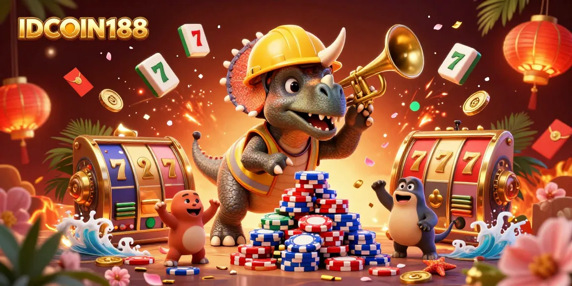 IDCOIN188 casino scene showcasing triceratops and parasaurolophus celebrating with poker chips and slots.