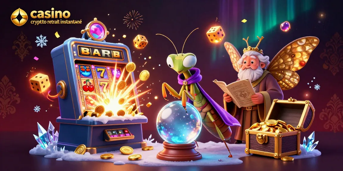 Illustration dynamique de casino crypto retrait instantané, montrant des personnages symboliques et des machines à sous éclatantes.