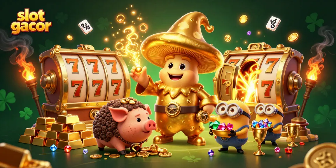 Experience slot gacor magic with golden treasures, wizards, and slot reels in this enchanting scene.