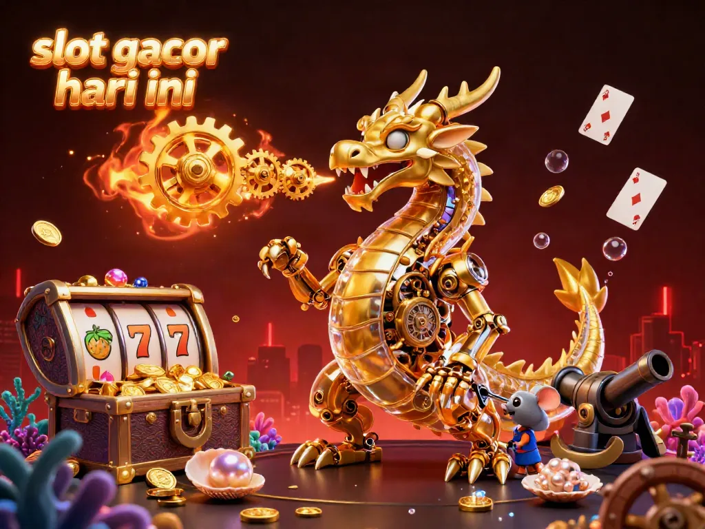 Menghadirkan suasana kasino slot gacor hari ini dengan naga emas mekanis dan harta karun emas di scene kompleks.