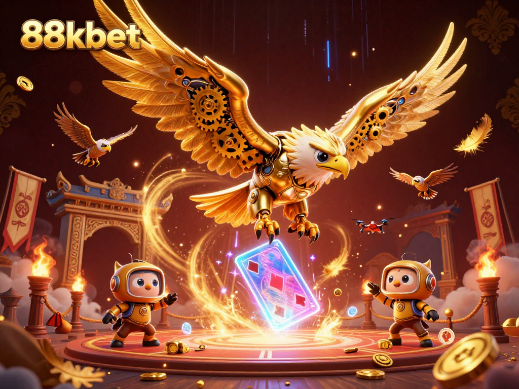 88kbet game experience showcased by a cybernetic golden eagle diving through holographic cards and gold coins in a dynamic casino scene