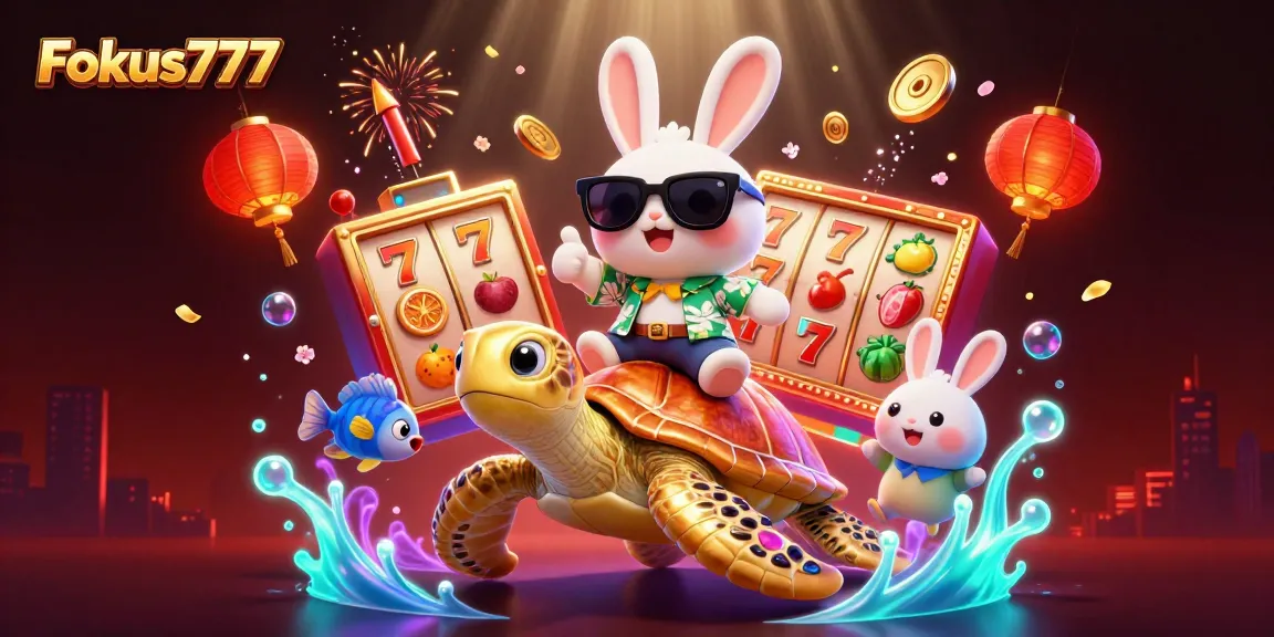 Engage in thrilling gameplay with Fokus777's vibrant slots experience featuring a lucky rabbit and sea turtle.